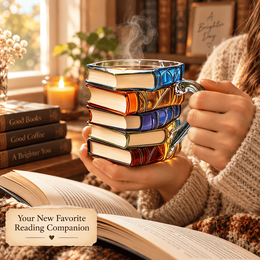 Hands holding the Novele Book Spine Mug beside an open book by a sunny window